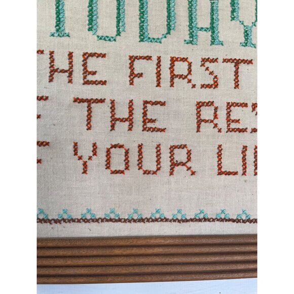 Vintage Framed Cross Stitch "Today Is The First Day Of The Rest Of Your Life" - Picture 3 of 9